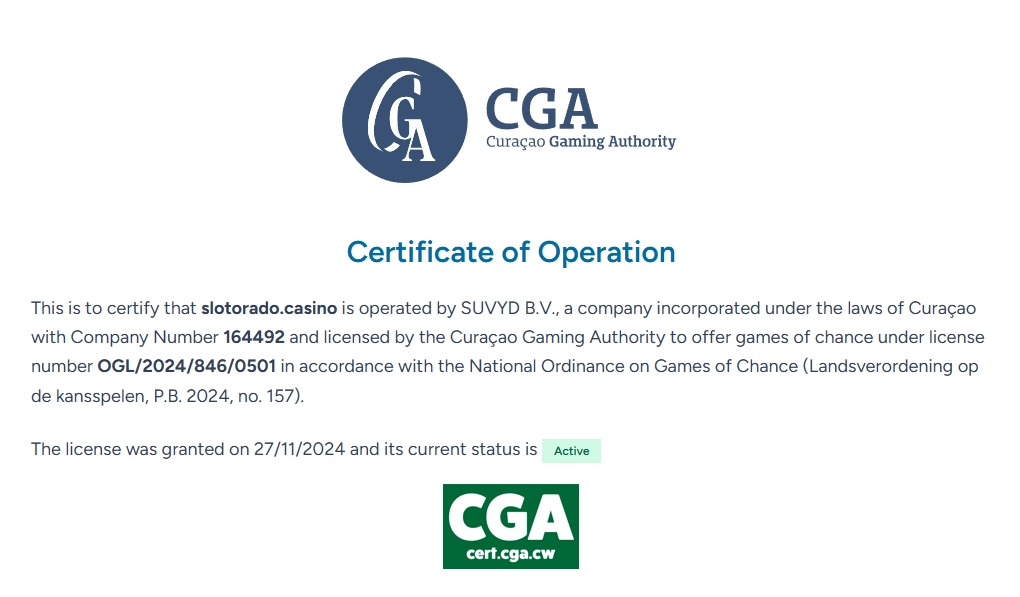 Curacao Gaming Authority license for Slotorado Casino