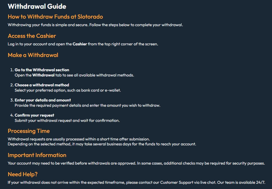 Withdrawal guide at Slotorado Casino
